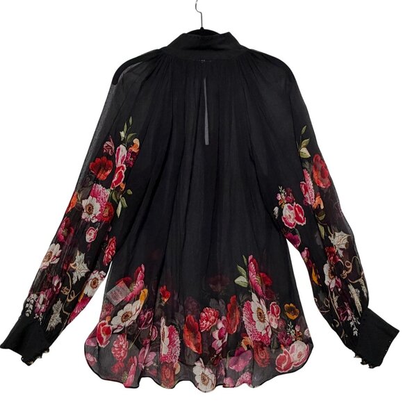 Camilla Mirror Mirror Raglan Button Up Shirt Black Floral Sheer Silk Blouse Sz L - Picture 5 of 16